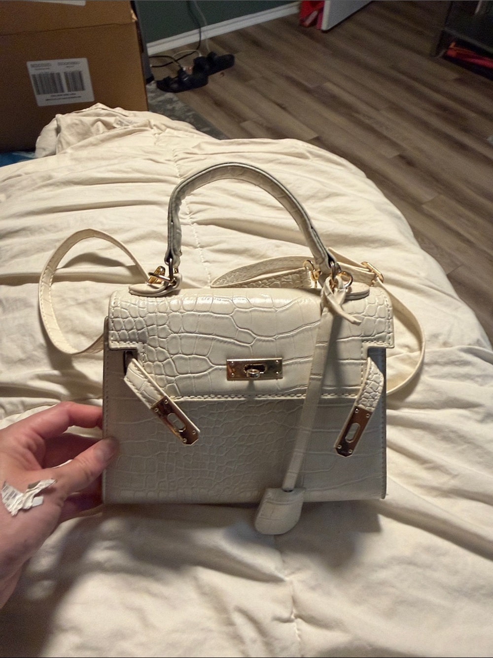 Cream Croc-Embossed Top Handle Bag with Gold Hardware